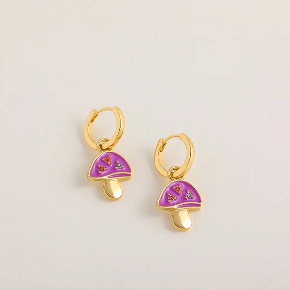 Gold & Purple Enamel Mushroom Rhinestone Huggie Dangle Earrings NEW - Picture 8 of 8